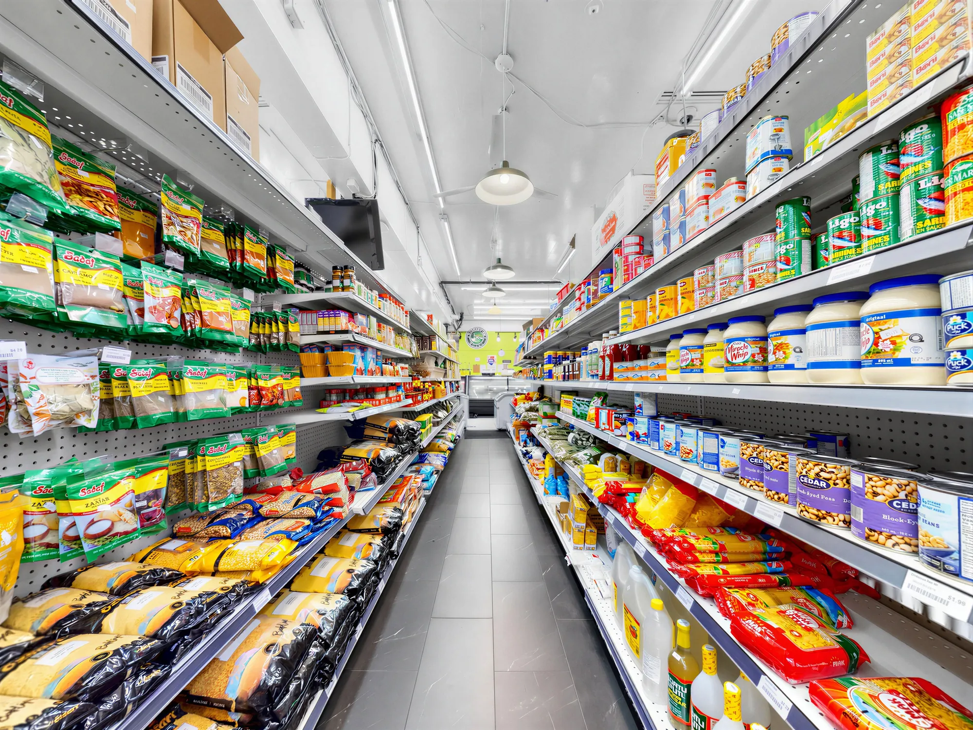 A full grocery aisle, shelves stocked floor to shoulder height