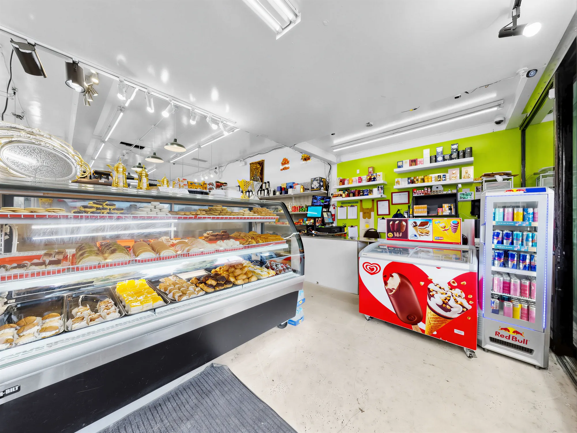 Bakery and bread section against the lime green wall