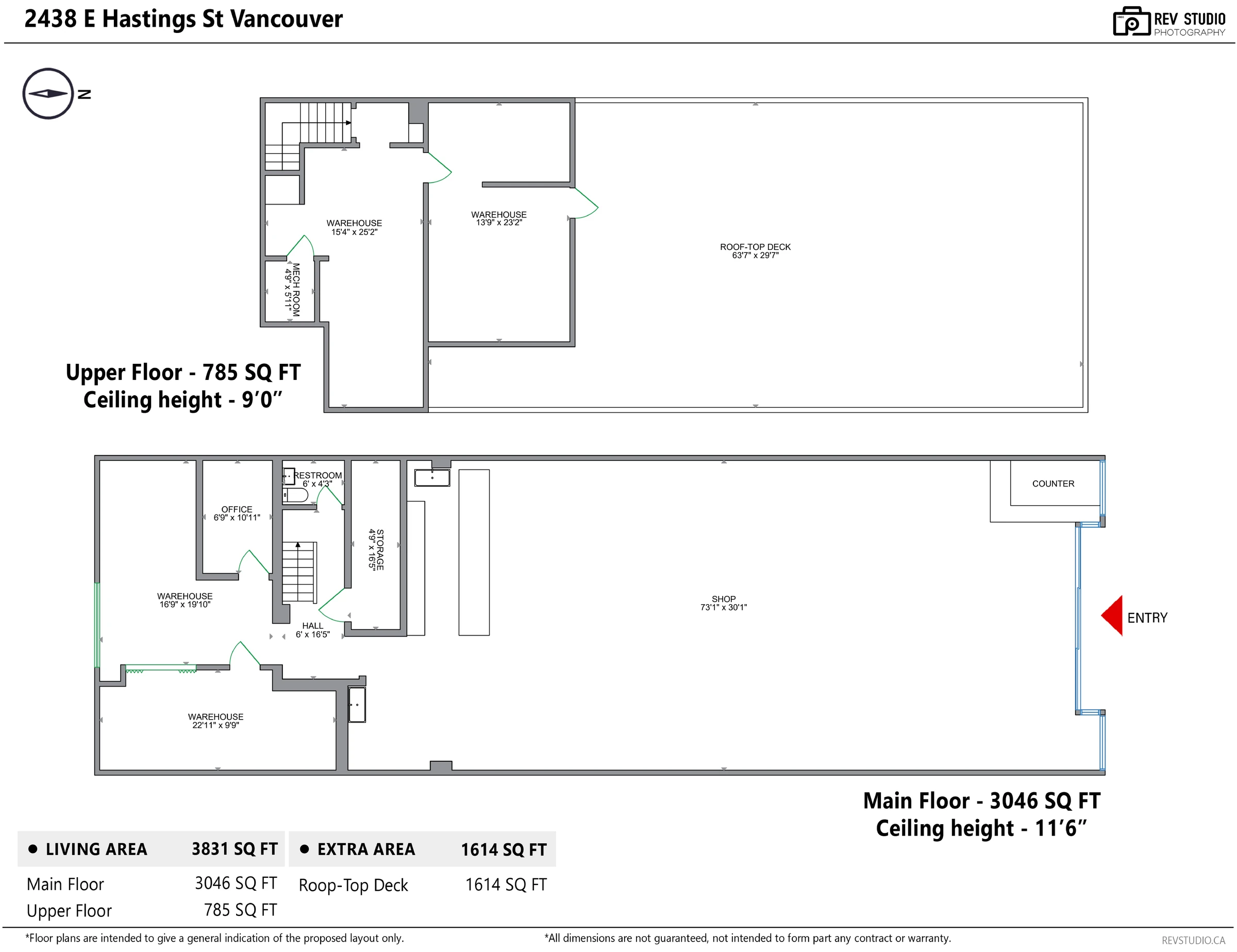 Measured floor plan of 2438 E Hastings: main floor shop, warehouse rooms, office and restroom; upper floor warehouse rooms; roof area