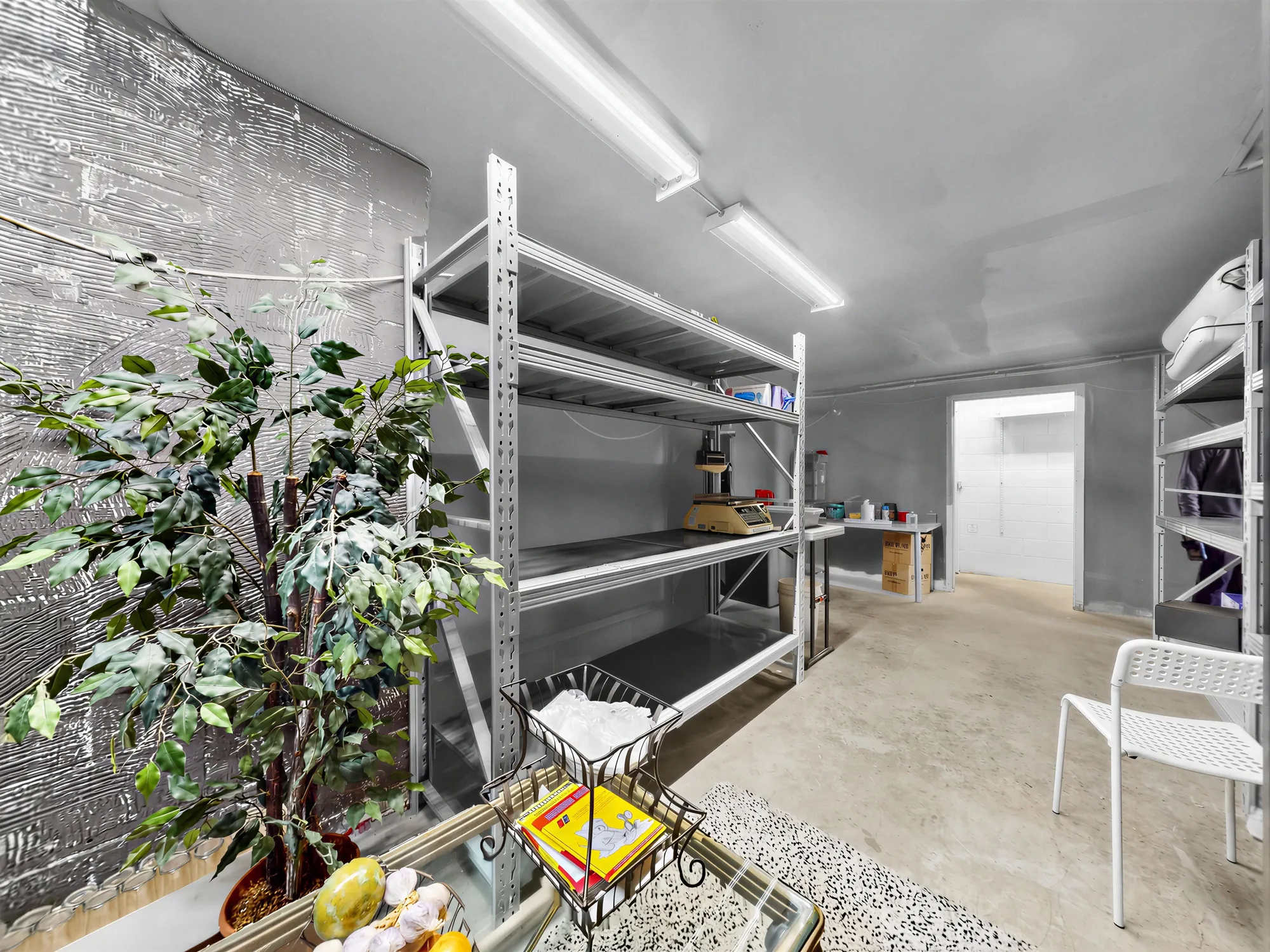 Second storage room with shelving and a prep sink